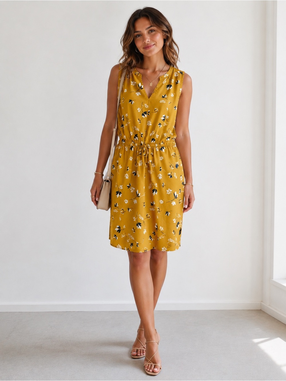 Denver Hayes Mustard Yellow Floral Sleeveless Dress L NWT Cottagecore Casual